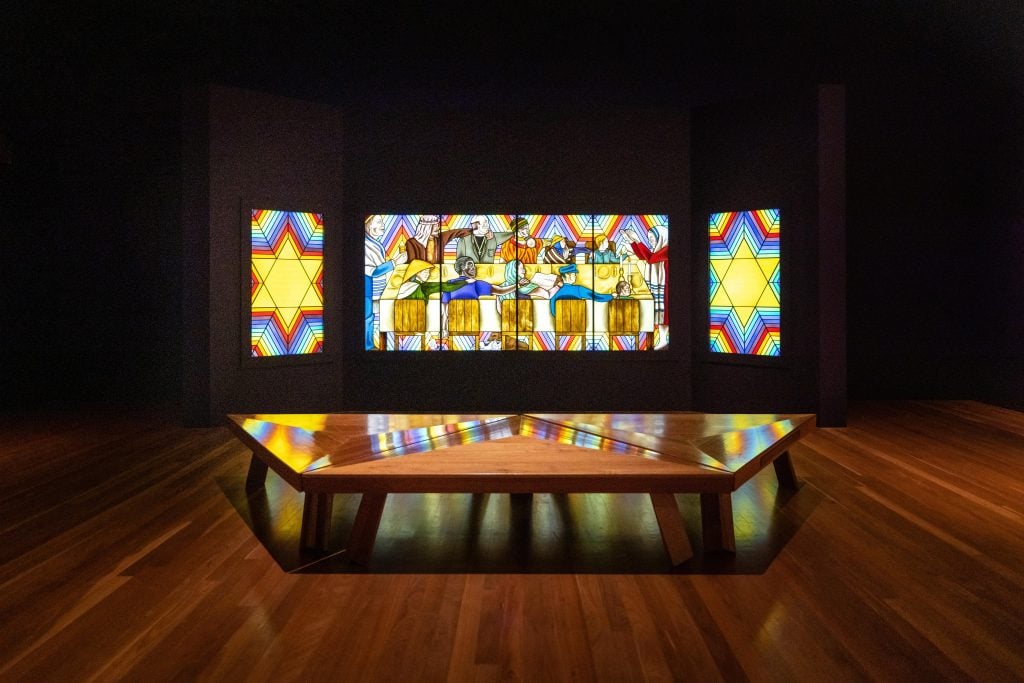 Judy Chicago and Donald Woodman, Rainbow Shabbat "Holocaust Project" (1992) in her retrospective at the de Young Museum, San Francisco. Photo by Gary Sexton, courtesy the de Young Museum, San Francisco.