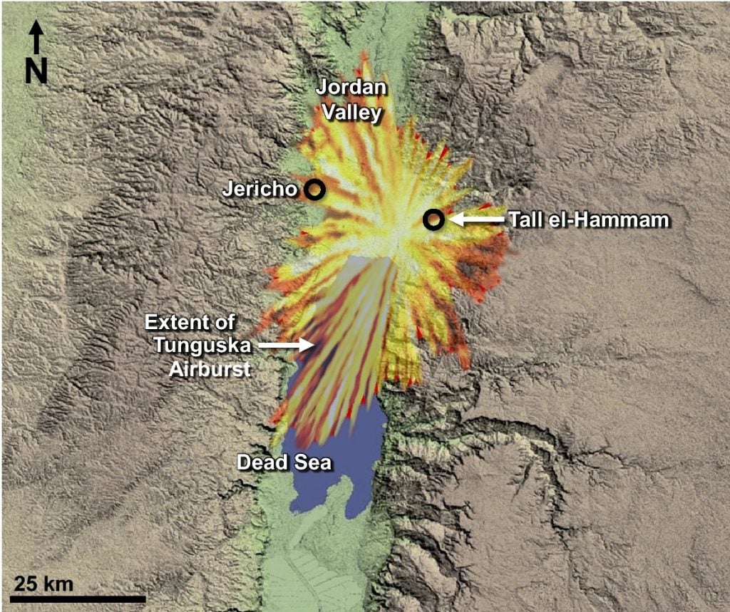 The extent of the cosmic airburst at Tunguska, Siberia (1908), superimposed on the Dead Sea area. Image by Phil Silvia, Creative Commons <a href=https://creativecommons.org/licenses/by-nd/2.0/ target="_blank" rel="noopener">Attribution-NoDerivs 2.0 Generic</a> license. 