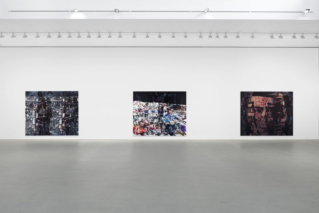 Installation view "Avery Singer. Reality Ender" at Hauser & Wirth, New York. Picturing: <i>Technique</i> (2021); <i>China Chalet</i> (2021); and <i>Edgelord</i> (2021). © Avery Singer, courtesy the artist, Hauser & Wirth, and Kraupa-Tuskany Zeidler, Berlin. Photo: Lance Brewer.