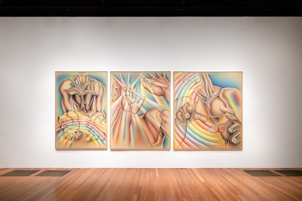 Judy Chicago, "PowerPlay" paintings (1982–87) in her retrospective at the de Young Museum, San Francisco. Photo by Gary Sexton, courtesy the de Young Museum, San Francisco.
