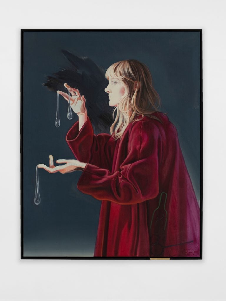 Kati Heck, Vondirfüruns-theory (2021). oil on canvas, frame with messing plate site size: 140 x 110 cm / 55 ⅛ x 43 ¼ in Credit: © Kati Heck, courtesy Sadie Coles HQ, London.