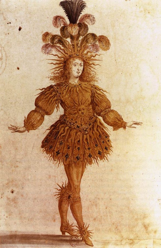 Drawing by Henri de Gissey of the Apollo costume worn by Louis XIV in the Le Ballet de la Nuit (16530>” width=”664″ height=”1024″ srcset=”https://news.artnet.com/app/news-upload/2021/09/Ballet_de_la_nuit_1653-664×1024.jpg 664w, https://news.artnet.com/app/news-upload/2021/09/Ballet_de_la_nuit_1653-194×300.jpg 194w, https://news.artnet.com/app/news-upload/2021/09/Ballet_de_la_nuit_1653-32×50.jpg 32w, https://news.artnet.com/app/news-upload/2021/09/Ballet_de_la_nuit_1653.jpg 750w”></p>



<p>Drawing by Henri de Gissey of the Apollo costume worn by Louis XIV in Le Ballet Royal de la Nuit (1653).</p>



<p>As power shifted between the Catholic Church and divinely ordained rulers and merchant classes throughout the Renaissance and into the Enlightenment, gold took on shifting political meanings. In the ancient world Zeus, god of the sky, was said to appear to Danaë as a shower of light (often depicted as a rain of golden coins). Louis XIV of France made these ancient associations new again, proclaiming himself the Sun King. In a famed ballet performance, <em>La Ballet Royal de la Nuit</em>, the 14-year-old king (by all accounts an excellent dancer) appeared as costumed as the sun itself, glad in sparkling gold. Louis XIV’s celestial aspirations were manifested in the architecture of Versailles as well, with copious use of gold and mirrors to create a glittering effect as the king passed through the halls.   </p>



<h4><strong>Gustav Klimt & The Vienna Secession </strong></h4>



<p><img loading=