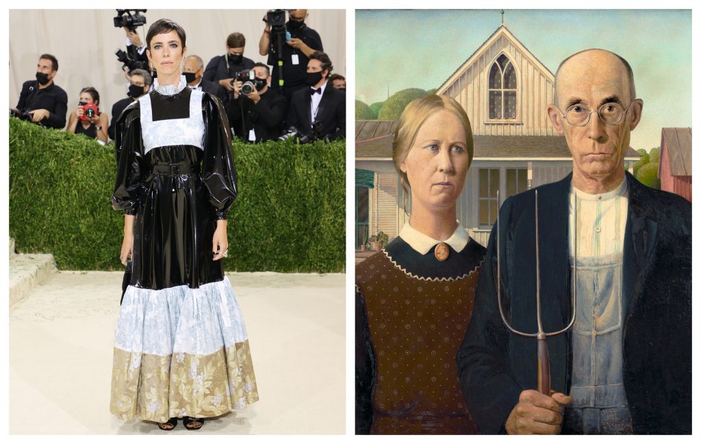 Rebecca Hall and Grant Wood's American Gothic (1930). Photos courtesy Getty Images.