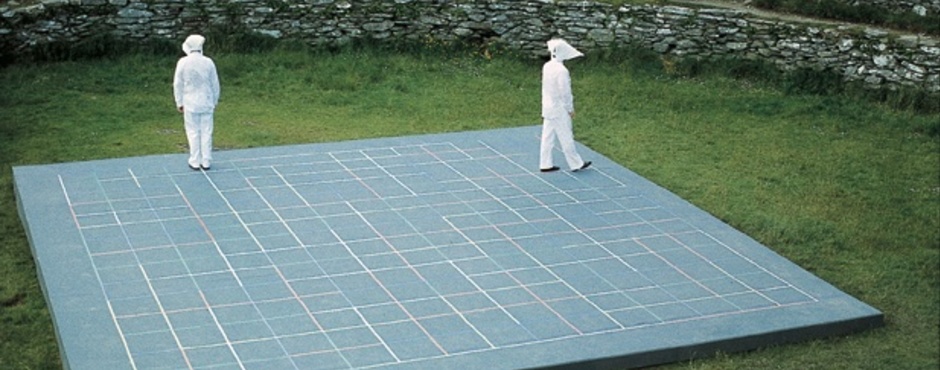 Brian O'Doherty, <em>Structural Play: Vowel Grid</em> (1970), performance, Grianan Aileach, Donegal, Ireland (1998). Photo courtesy of the artist and Brenda Moore-McCann.
