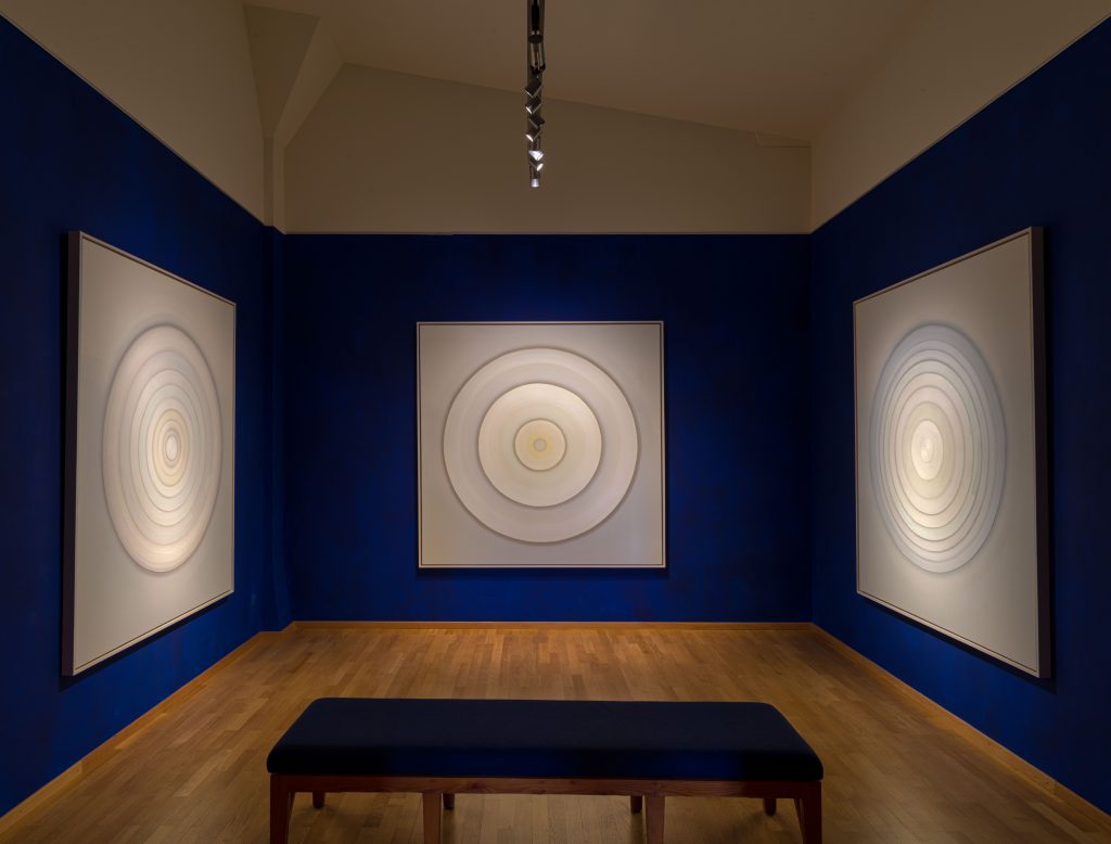 Installation view of Core No. 495, Core No. 496, and Core No. 497 in "Heikedine Guenther: Concentric Circles" at the Goetheanum, 2021. Courtesy of the artist.