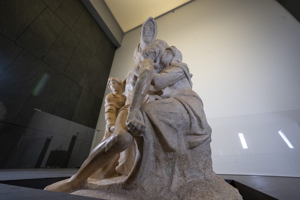 Michelangelo's Pietà dell’Opera del Duomo, known as the Bandini Pietà, after restoration. Courtesy of the Opera del Duomo Museum. Photo: Claudio Giovannini.