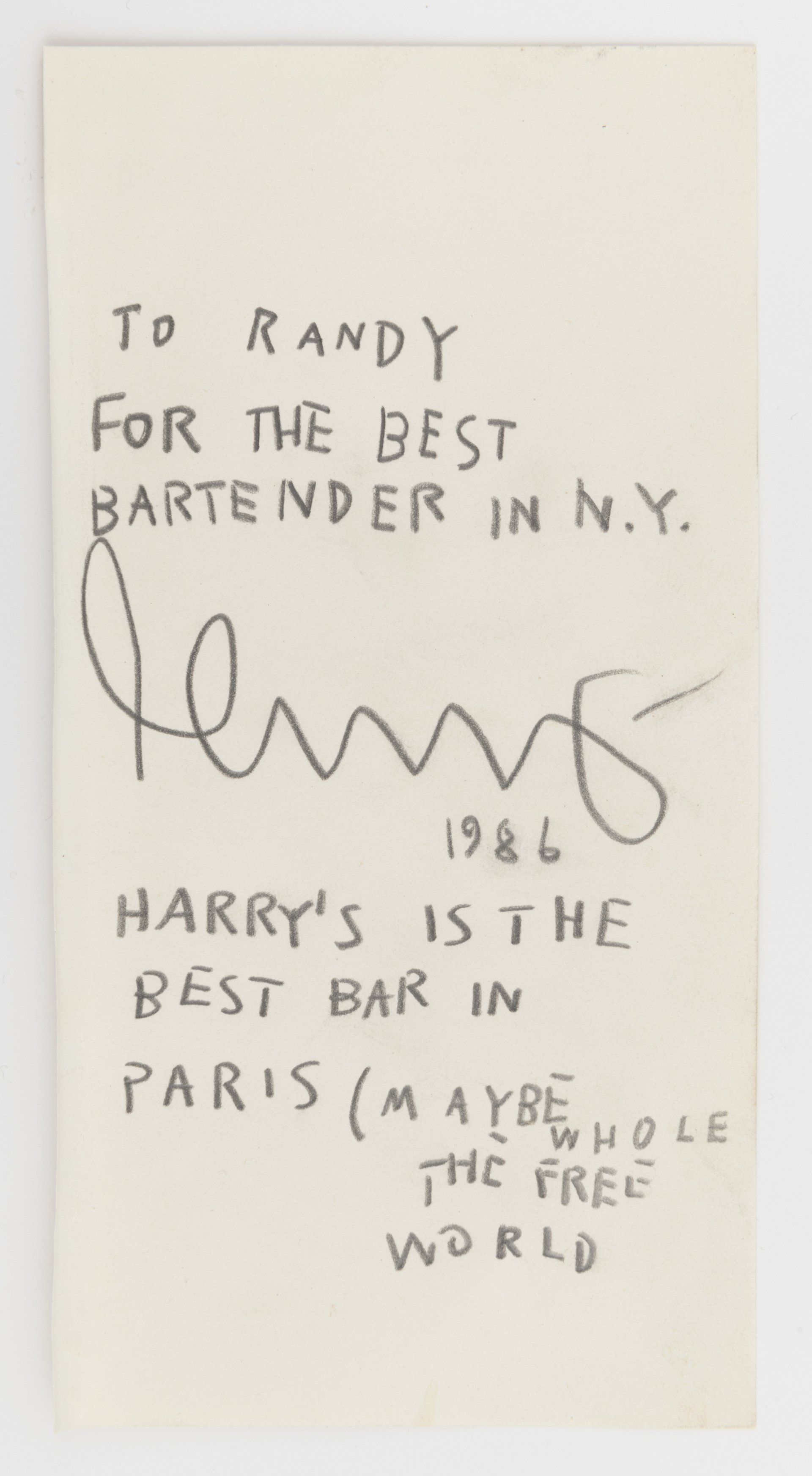 Jean-Michel Basquiat,Untitled (Harry’s ABC of Mixing Cocktails), (1986). A gift from Jean-Michel Basquiat to bartender Randy Gunn. Photo courtesy of Janis Gardner Cecil Fine Art.