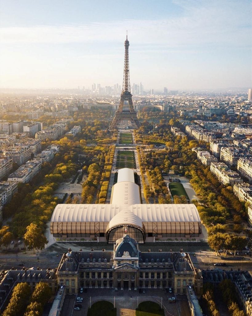 With Paris's Grand Palais closed for renovations until 2024, FIAC will be held at the temporary Grand Palais Éphémère and Galerie Eiffel, both designed by Jean-Michel Wilmotte to mimic their namesake monuments on the Champ-de-Mars. Photo ©Wilmotte et Associés.