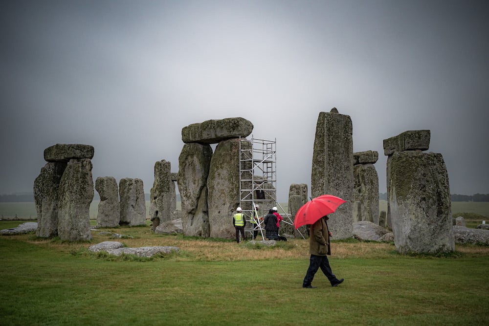 A scaffold is erected inside the stone circle as specialist contractors from SSH Conservation repair defects from previous repairs, carried out the 1950's, on a trilithon in the stone circle and carry out vital conservation work at Stonehenge, Wiltshire. Picture date: Tuesday September 14, 2021. (Photo by Ben Birchall/PA Images via Getty Images)