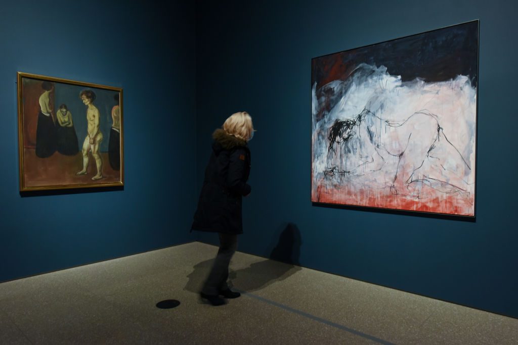'Women in Hospital, 1897' by Edvard Munch and 'Title TBC, 2019' by Tracey Emin during the "Tracey Emin/Edvard Munch: The Loneliness of the Soul" preview at Royal Academy of Arts on December 3, 2020 in London, England. Photo by Nicky J Sims/Getty Images.
