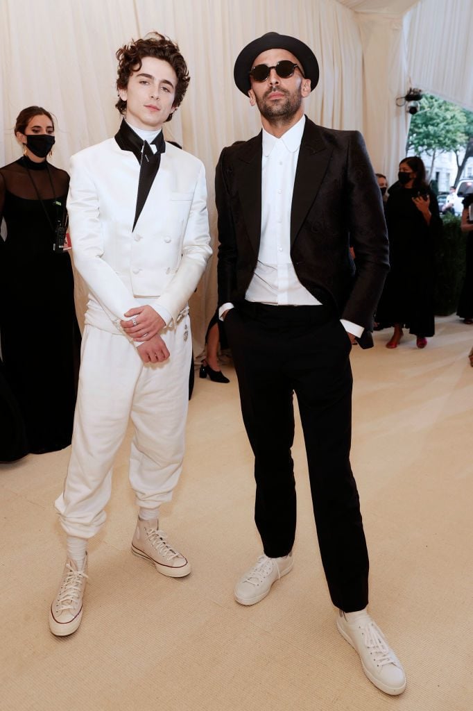 Timothée Chalamet and JR attend the the 2021 Met Gala Celebrating In America: A Lexicon Of Fashion at Metropolitan Museum of Art on September 13, 2021 in New York City. (Photo by Arturo Holmes/MG21/Getty Images)