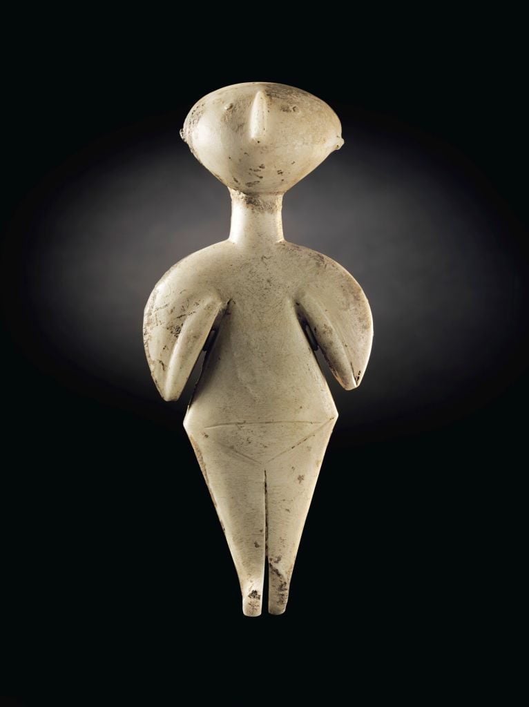 Kiliya-type Anatolian marble female idol Ancient Anatolian Guennol Stargazer statue, which dates back to the third millennium BC, is seen at Christies in New York on April 28, 2017.