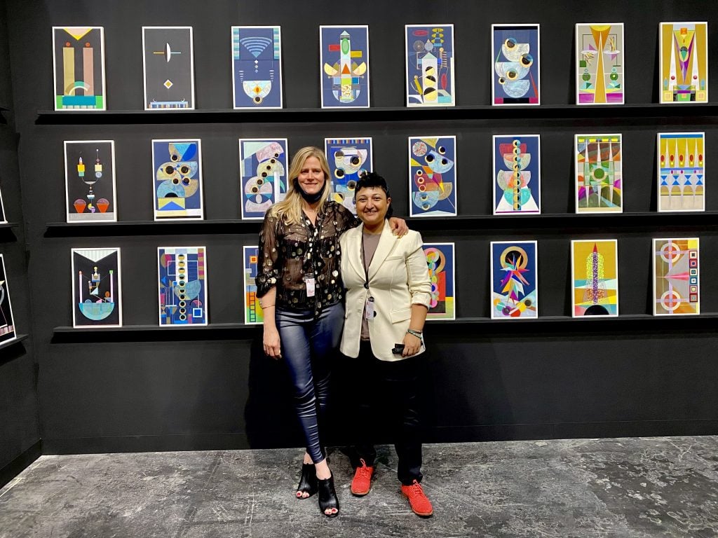 Dannielle Tegeder and Sharmistha Ray (Hilma's Ghost) with their "Abstract Futures Tarot" series (2021), exhibited by Chicago's Carrie Secrist Gallery at the Armory Show in New York. Photo by Sarah Cascone. 