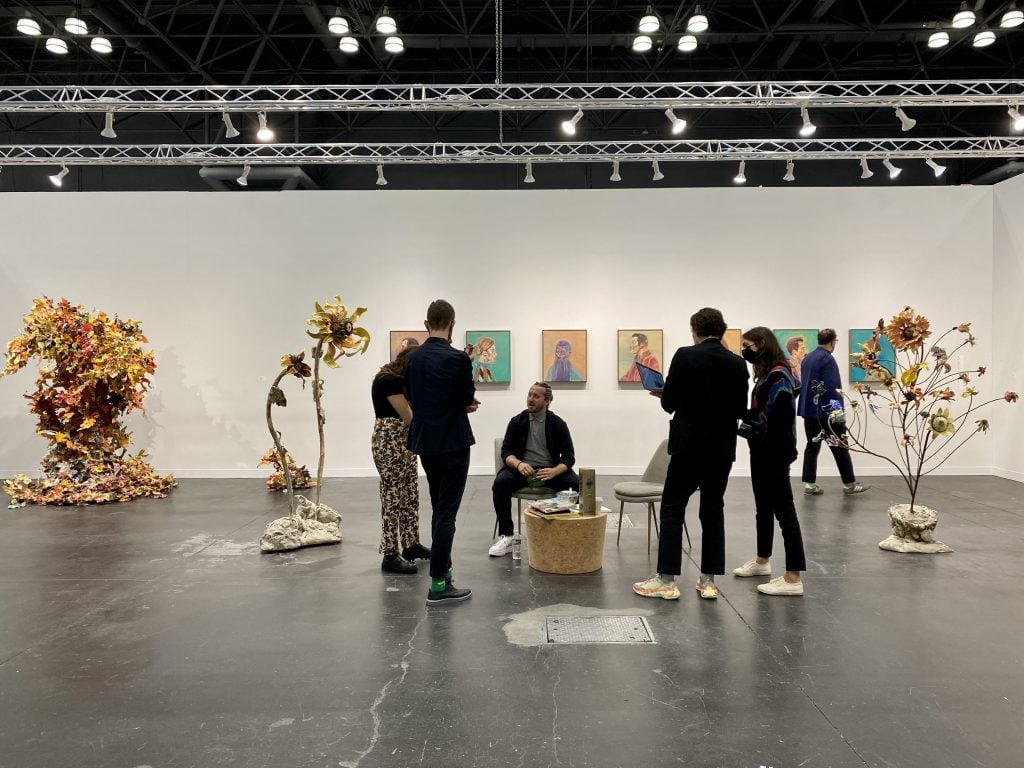 Sculpture by Rebecca Manson and painting by Ryan Mosley at Josh Lilley, London, at the 2021 Armory Show at the Javits Center in New York. Photo by Sarah Cascone.