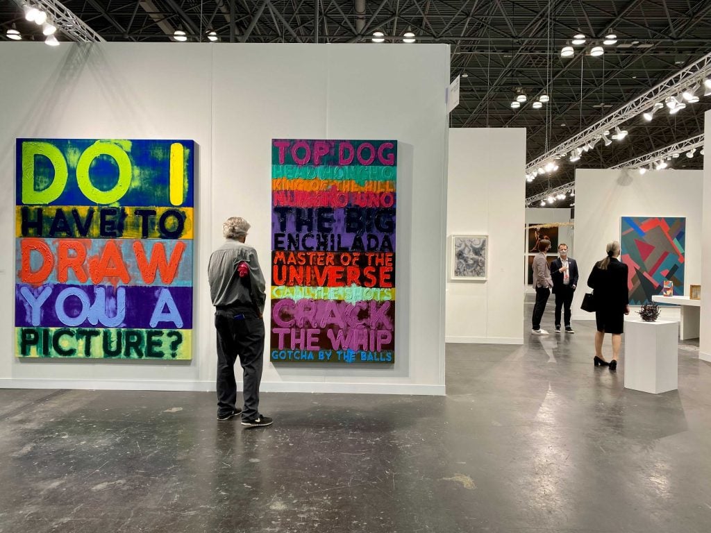 Mel Bochner, Do I Have to Draw You a Picture and Top Dog from Marc Selwyn Fine Art, Beverly Hills, at the 2021 Armory Show at the Javits Center in New York. Photo by Sarah Cascone.