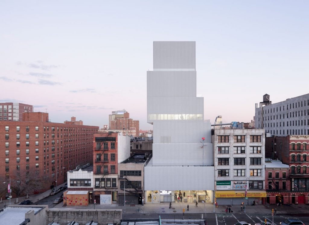 Isa Genzken, Rose II (2007) on the façade of the New Museum in New York. The 28 feet tall sculpture, the artist's first public artwork, was on display on the Bowery building from 2010 to 2013. Photo by Naho Kubota, courtesy of the New Museum, New York.