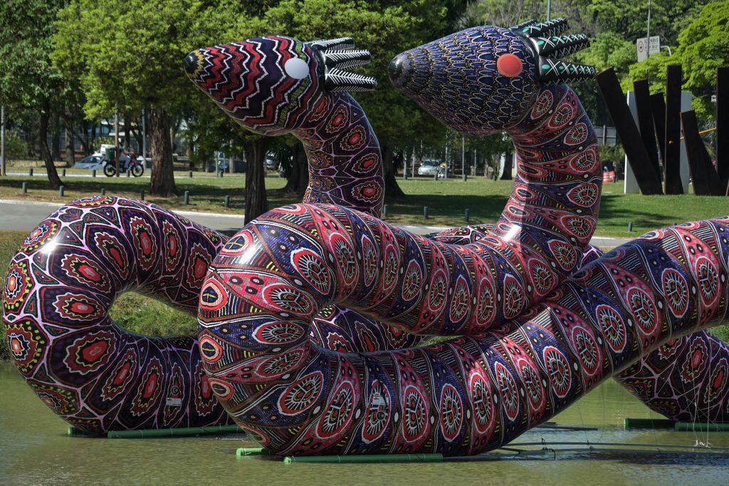 A work of Brazilian artist Jaider Esbell during the 34th Biennale of Sao Paulo, at Ibirapuera park, in Sao Paulo, Brazil. (Photo by Nelson Almeida/AFP via Getty Images)