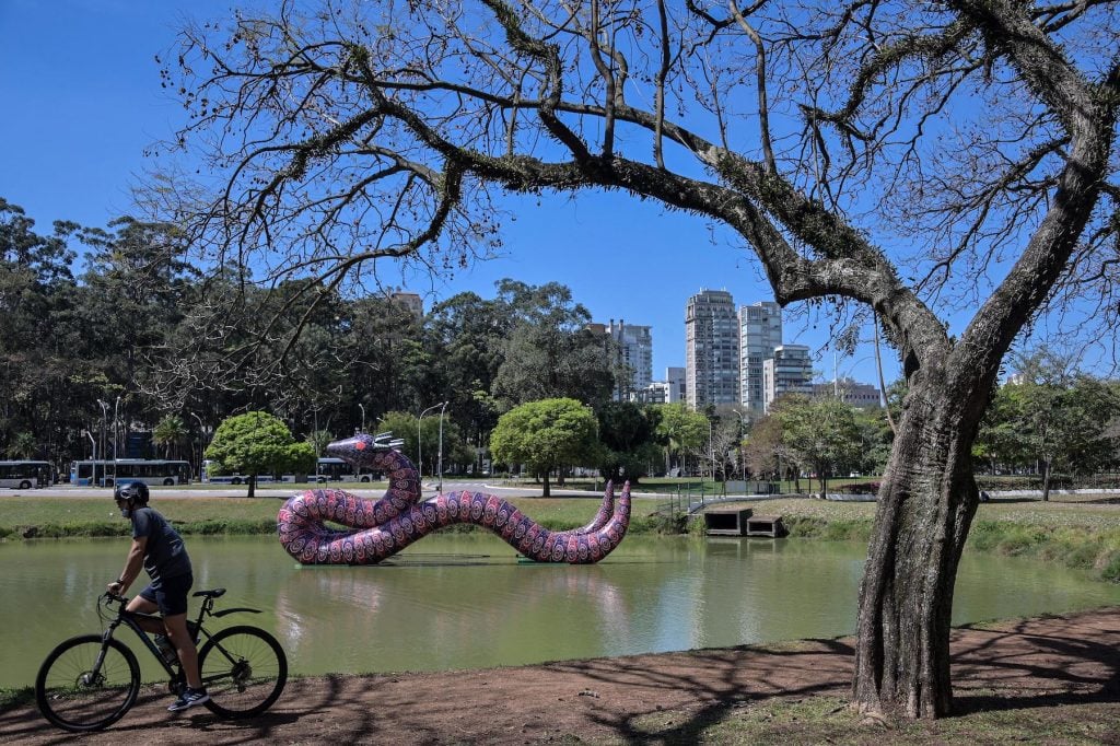 A picture taken on September 2, 2021 shows a work of Brazilian artist Jaider Esbell during the press day ahead of the opening of the 34th Biennale of Sao Paulo, at Ibirapuera park, in Sao Paulo, Brazil. (Photo by Nelson Almeida/AFP via Getty Images)