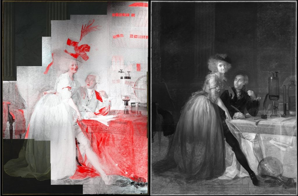 Left: a map showing the combined elemental distribution of lead and mercury in David's painting. Right: an infrared reflectogram of the canvas.