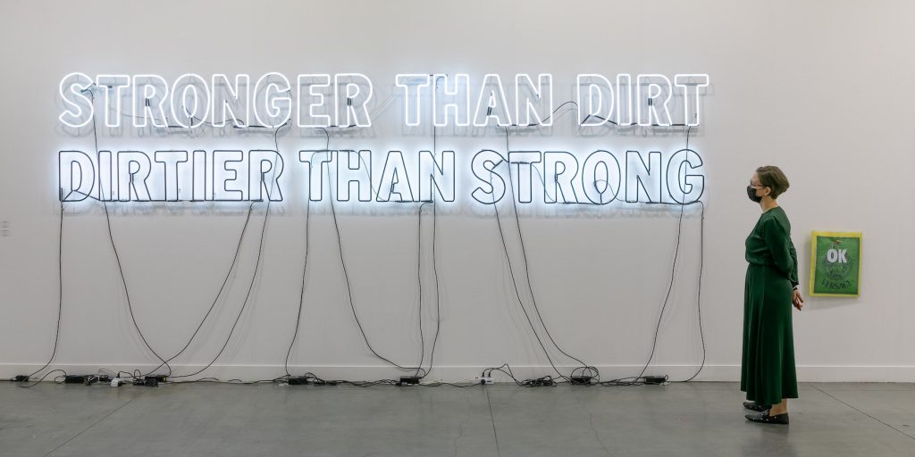 Mary Ellen, <em>Because. (DIRTIER THAN STRONG) </em>(1999). © 1999 Mary Ellen Carroll/ MEC studios.Courtesy of the artist and Galerie Hubert Winter. Miart 2021, installation view, photo by Paolo Valentini.