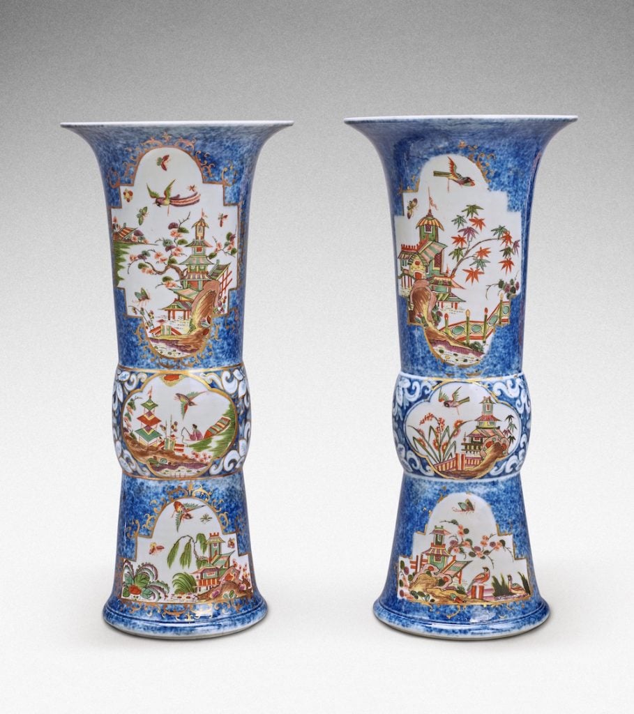 An extremely rare pair of Meissen Augustus Rex underglaze-blue-ground beaker vases. Image courtesy Sotheby's.