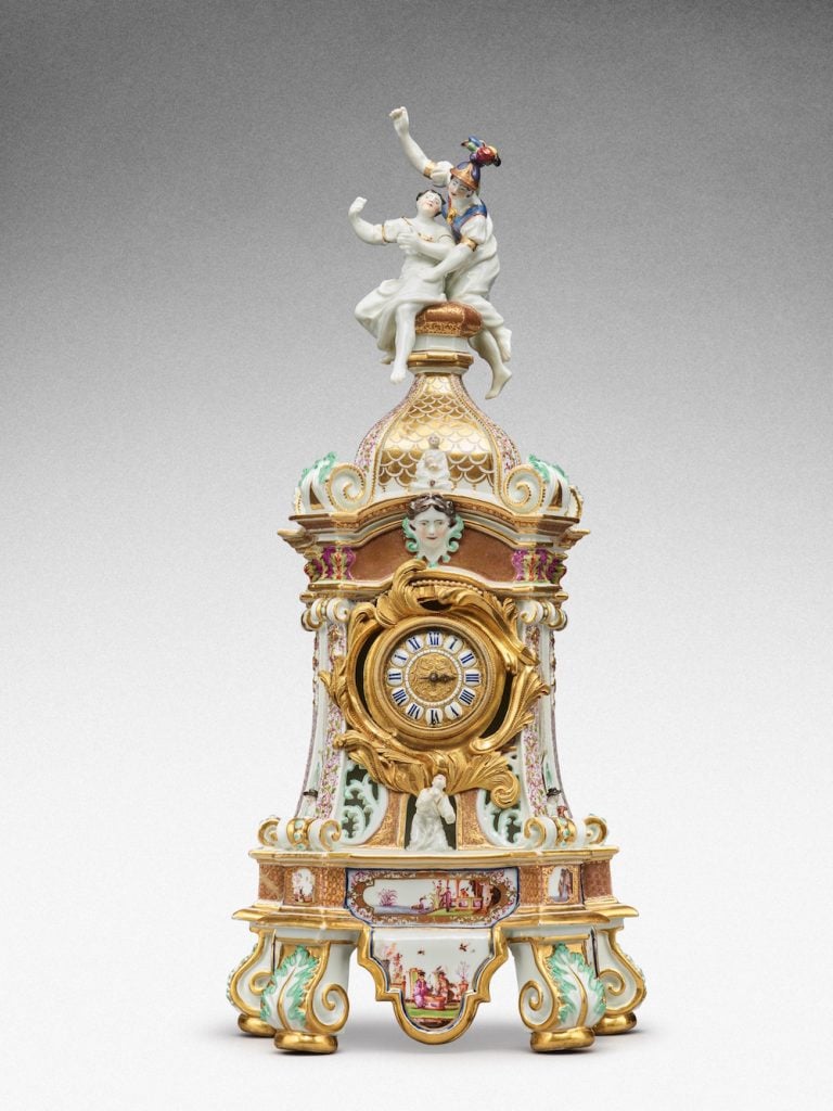 A highly important documentary and dated Meissen mantel clock case. Image courtesy Sotheby's.