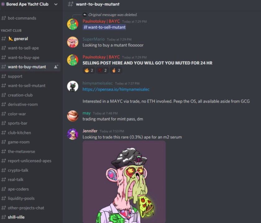 A screen shot of a Bored Ape channel on Discord. 