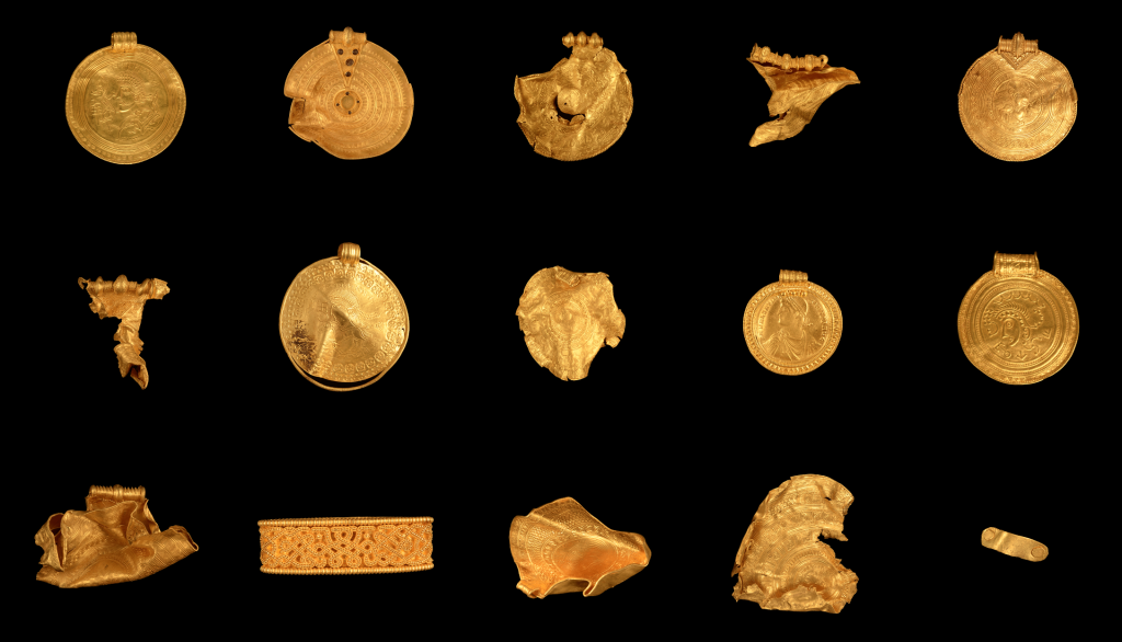 A first-time metal detectorist discovered this golden treasure from the Iron Age in a field near Jelling, Denmark. Photo courtesy of the Vejlemuseerne, Denmark, Conservation Center Vejle.