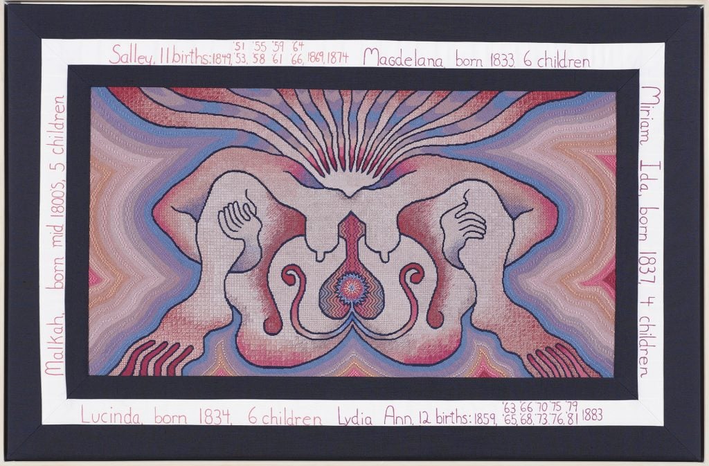 Judy Chicago, <em>The Crowning</em>, "Birth Project" (1984). Painting on 18 mesh canvas by Judy Chicago with Lynda Healy; needlepoint by Frannie Yablonsky. ©Judy Chicago/Artists Rights Society (ARS), New York. Photo Jorge Bachman, courtesy of the Fine Arts Museums of San Francisco.