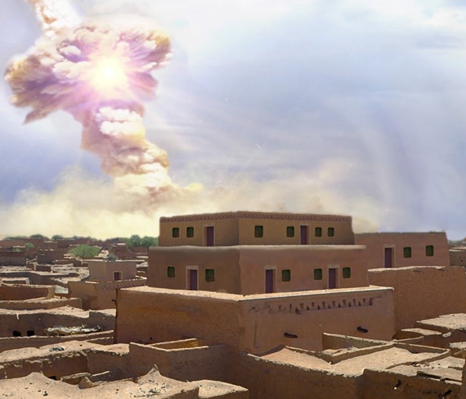 An artist rendering of the meteor airbust that destroyed the ancient city of Tall el-Hammam. Image by Allen West and Jennifer Rice Creative Commons Attribution-NoDerivs 2.0 Generic license.