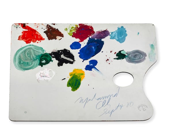 Anco Bilt brand Masonite palette with paint residue, signed by Muhammad Ali. Photo courtesy of Bonhams New York, collection of Rodney Hilton Brown.