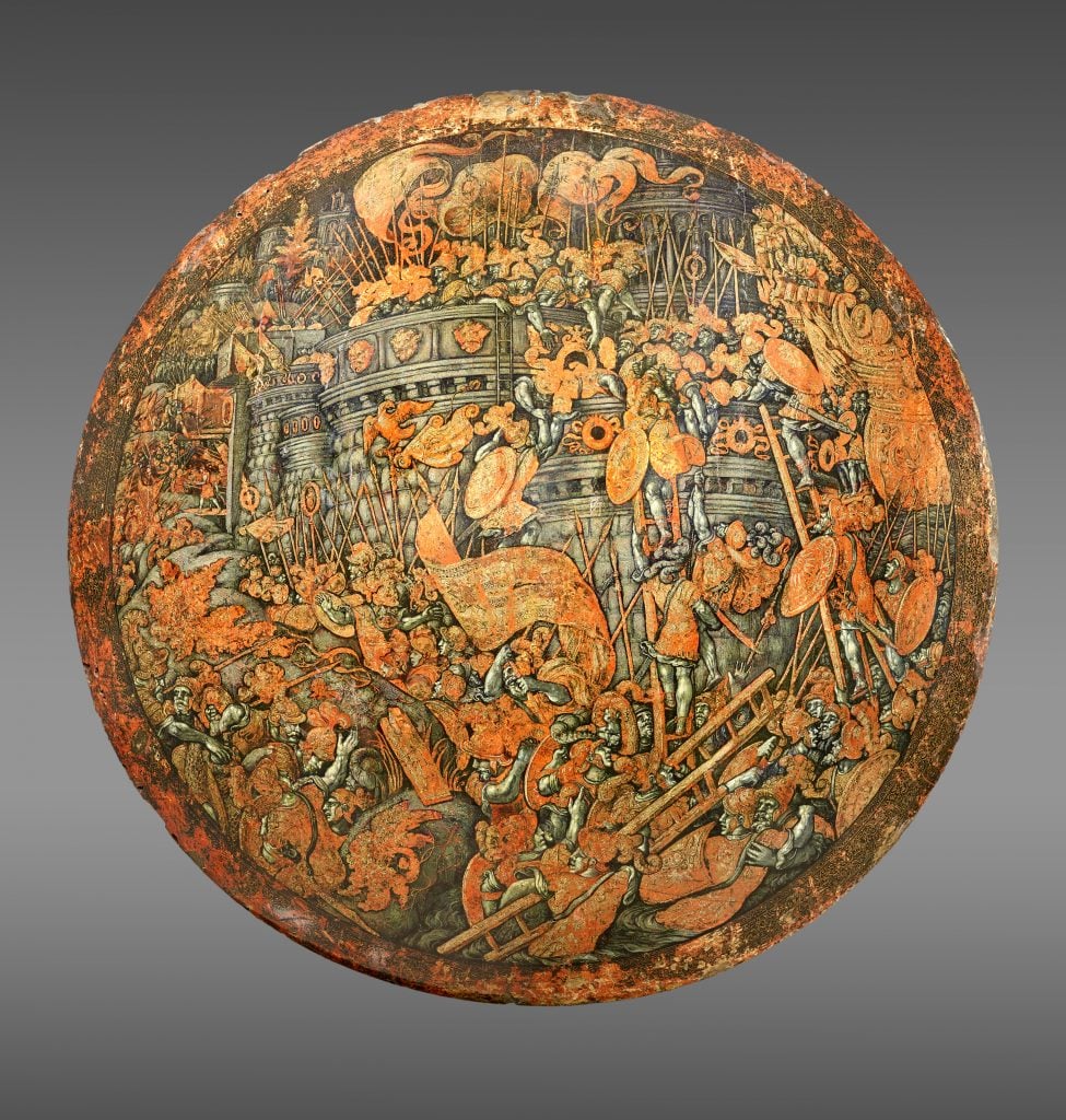 Shield showing the Storming of New Carthage (recto),(ca. 1535) attributed to Girolamo di Tommaso da Treviso after a design by Giulio Romano Image courtesy Philadelphia Museum of Art, 2021.