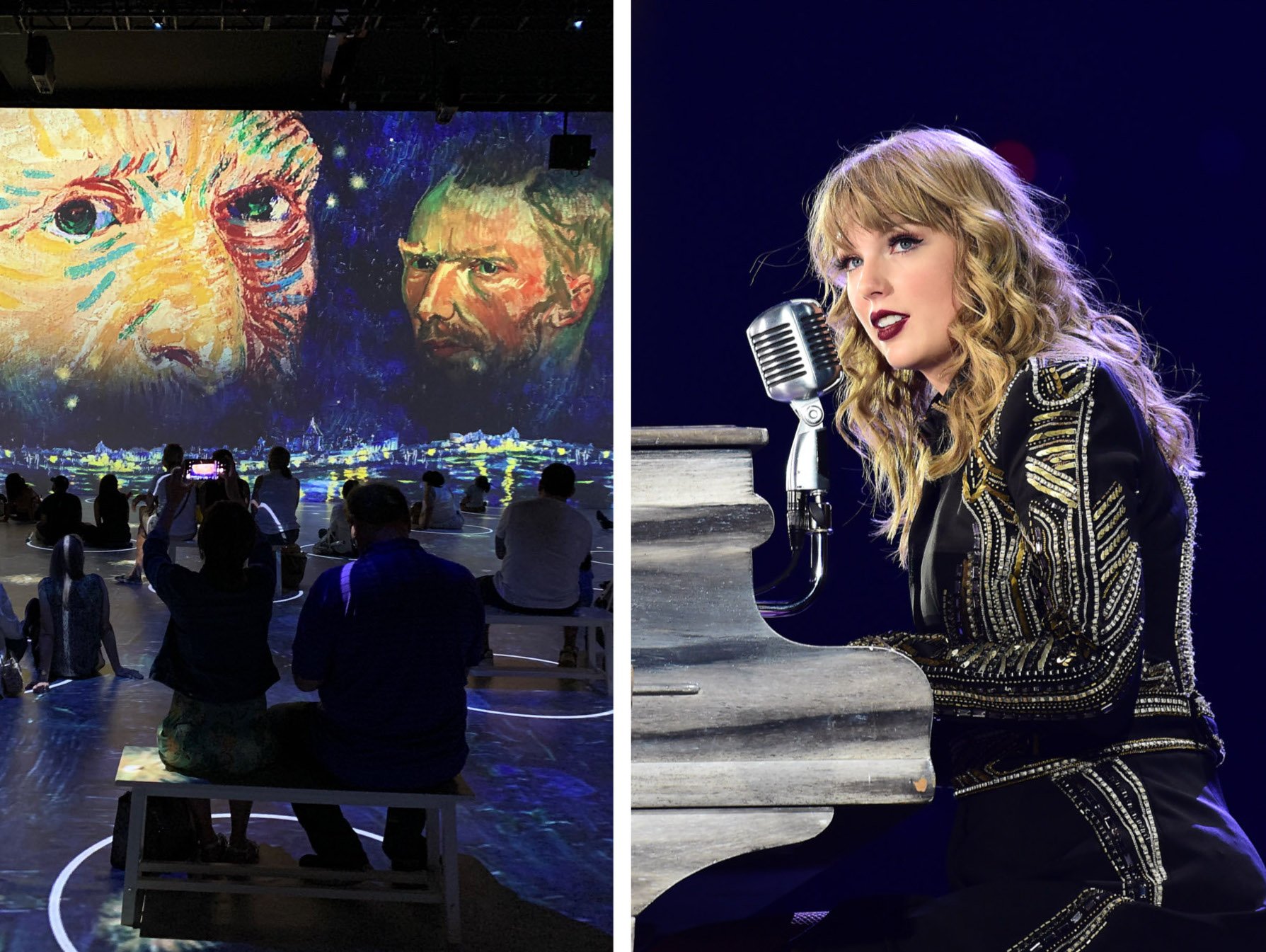 Left: installation view of Immersive Van Gogh in New York. Photo by Ben Davis. Right: Taylor Swift performs on her "Reputation" tour in Japan on November 20, 2018 in Tokyo, Japan. Photo by Jun Sato/TAS18/Getty Images.