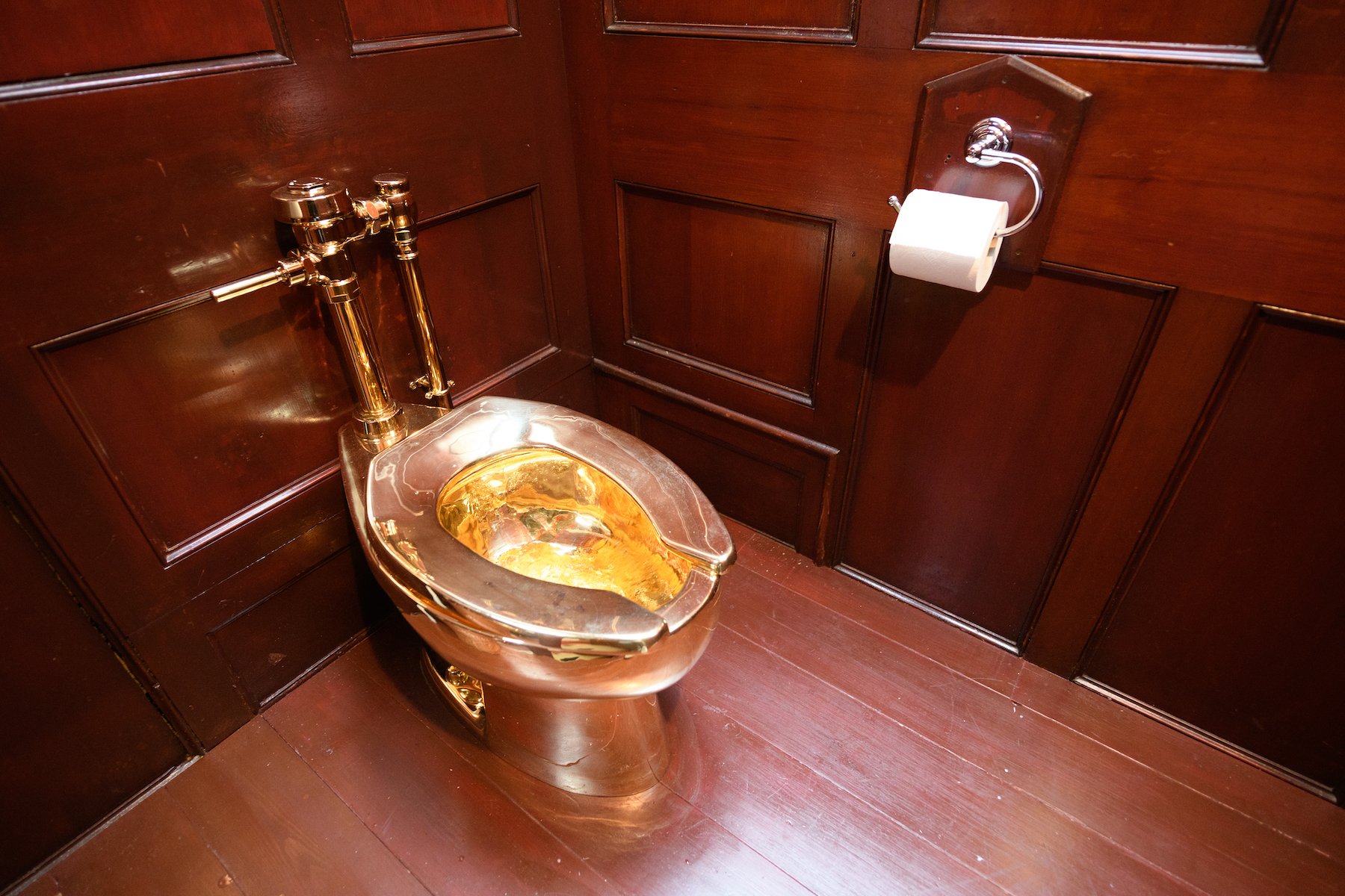 "America, a fully-working solid gold toilet, created by artist Maurizio Cattelan, is seen at Blenheim Palace on September 12, 2019. (Photo by Leon Neal/Getty Images)