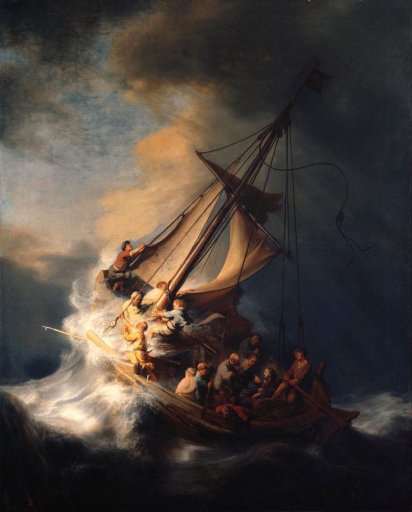 Rembrandt van Rijn, <em>Christ in the Storm on the Sea of Galilee</em> (1633). The Dutch artist's only seascape was stolen in the Isabella Stewart Gardner Museum heist in 1990 and has not been seen since. Collection of the Isabella Stewart Gardner Museum, Boston.