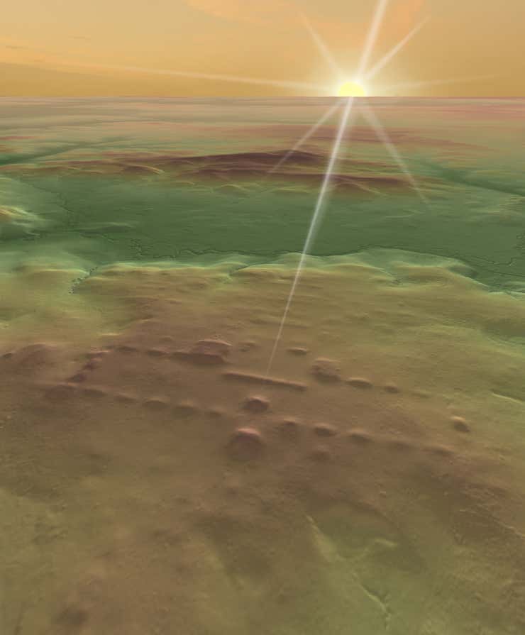 A lidar-based illustration of the sun rising in alignment with the Meso-American site of Buenavista, recently identified using LiDAR. Image courtesy of Takeshi Inomata.