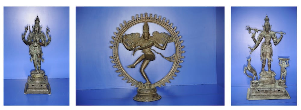 Pictured (from left to right): Bronze Nandikesvara, Bronze Shiva Nataraja, and Bronze Kankalamurti. Image via District Attorney New York.