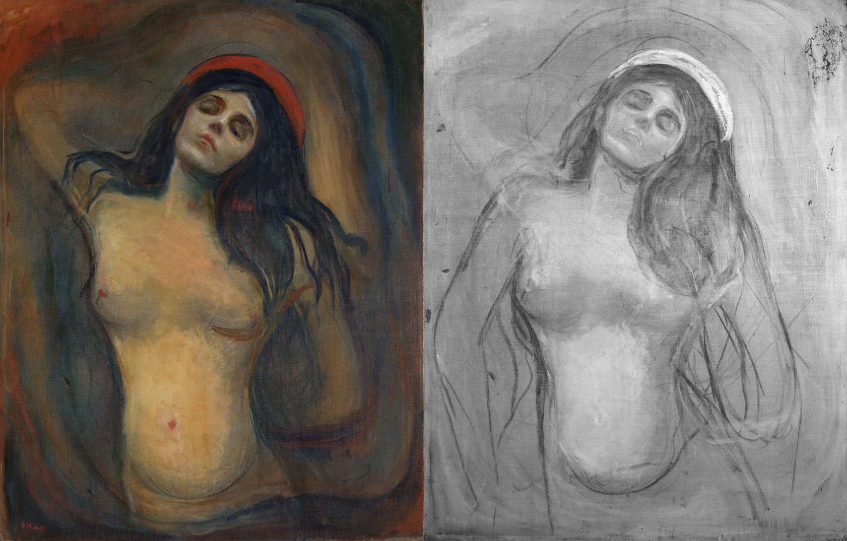 Edvard Munch's Madonna and the preparatory sketch discovered under its surface. Photo: Borre Hostland. Courtesy of The National Museum of Norway.