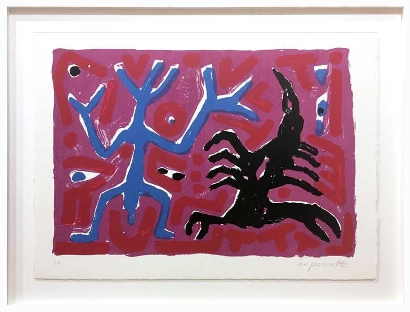 A.R. Penck, The scorpion blue + black (1995). Courtesy of Galerie Kellermann.