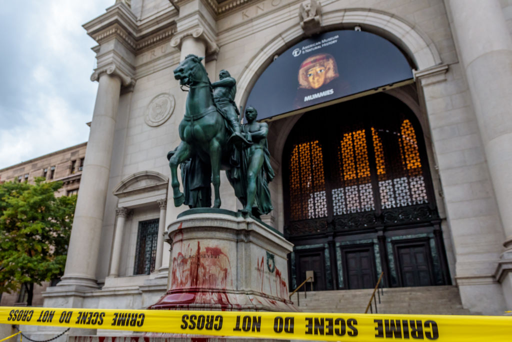 A statue of Theodore Roosevelt outside the American Museum of Natural History in New York after it was splashed with red paint on October 26, 2017. A similar incident took place on October 6, 2021. Photo: Erik McGregor/LightRocket via Getty Images.