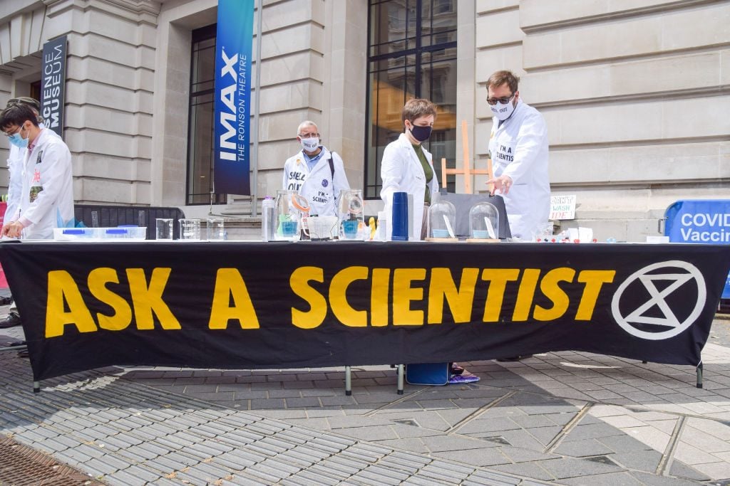 Protesters and scientists gathered both inside and outside the Science Museum to demonstrate against oil giant Shell's sponsorship of the Our Future Planet climate change exhibition in 2019. (Photo by Vuk Valcic/SOPA Images/LightRocket via Getty Images)