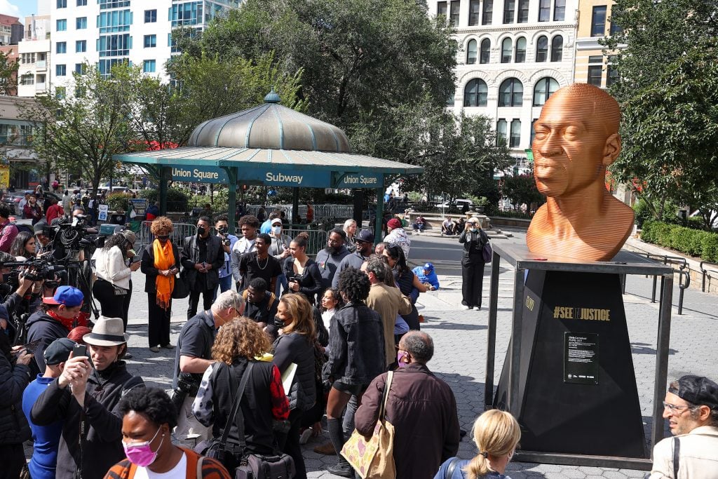 <em>FLOYD</em>, a statue of George Floyd made by the artist Chris Carnabuci for Confront Art's exhibition "Seeinjustice" on display in Union Square in New York City. Photo by Tayfun Coskun/Anadolu Agency via Getty Images.