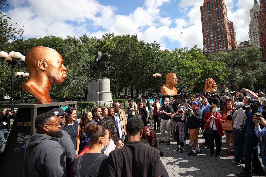 Statues of George Floyd, John Lewis and Breonna Taylor made by the artist Chris Carnabuci for Confront Art's exhibition "Seeinjustice" on display in Union Square in New York City. Photo by Tayfun Coskun/Anadolu Agency via Getty Images.