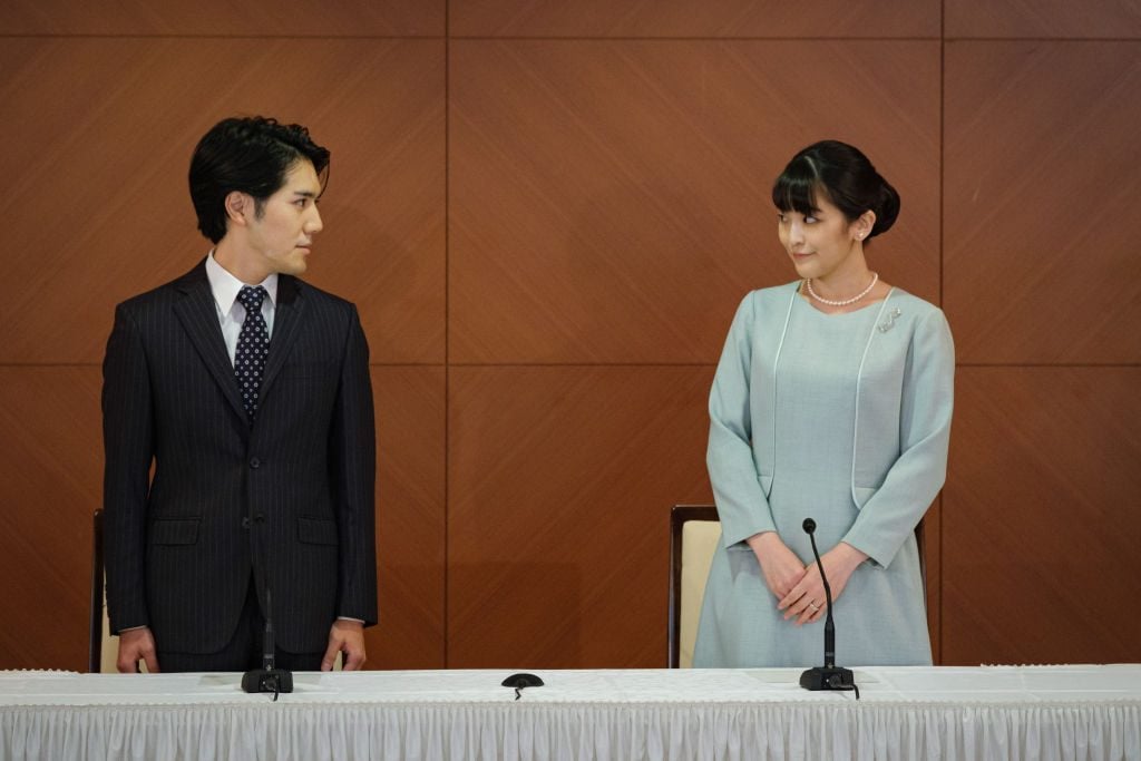 Princess Mako, the elder daughter of Prince Akishino and Princess Kiko, and her husband Kei Komuro pose during a press conference to announce their marriage in Tokyo, Japan on October 26, 2021. (Photo by SIPA Press/Nicolas Datiche/Pool/Anadolu Agency via Getty Images)