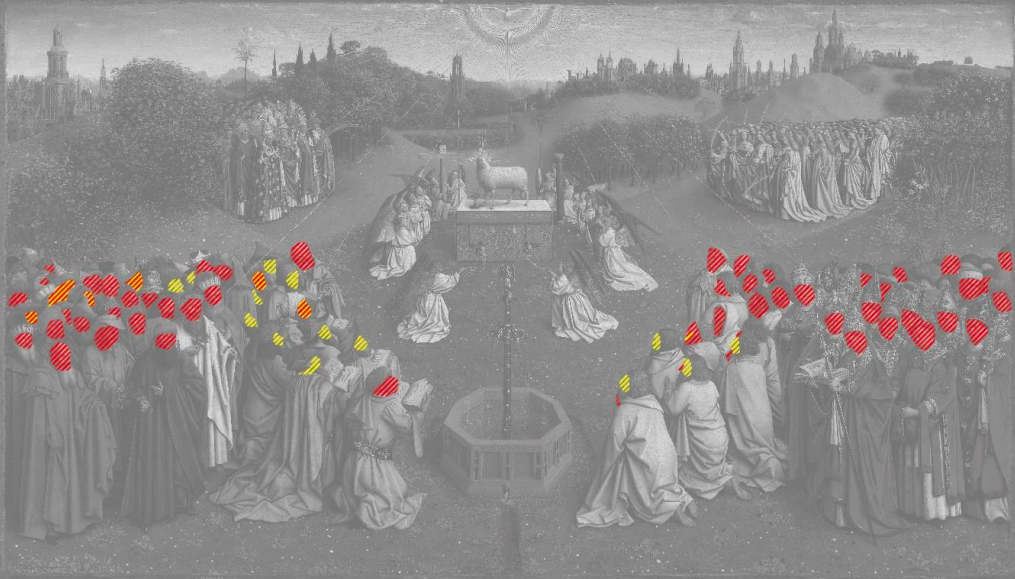 A scan of the <i>Ghent Altarpiece</i> showing which figures were painted by Jan van Eyck (red) versus those created by his brother Hubert (yellow). © Sint-Baafskathedraal Gent.