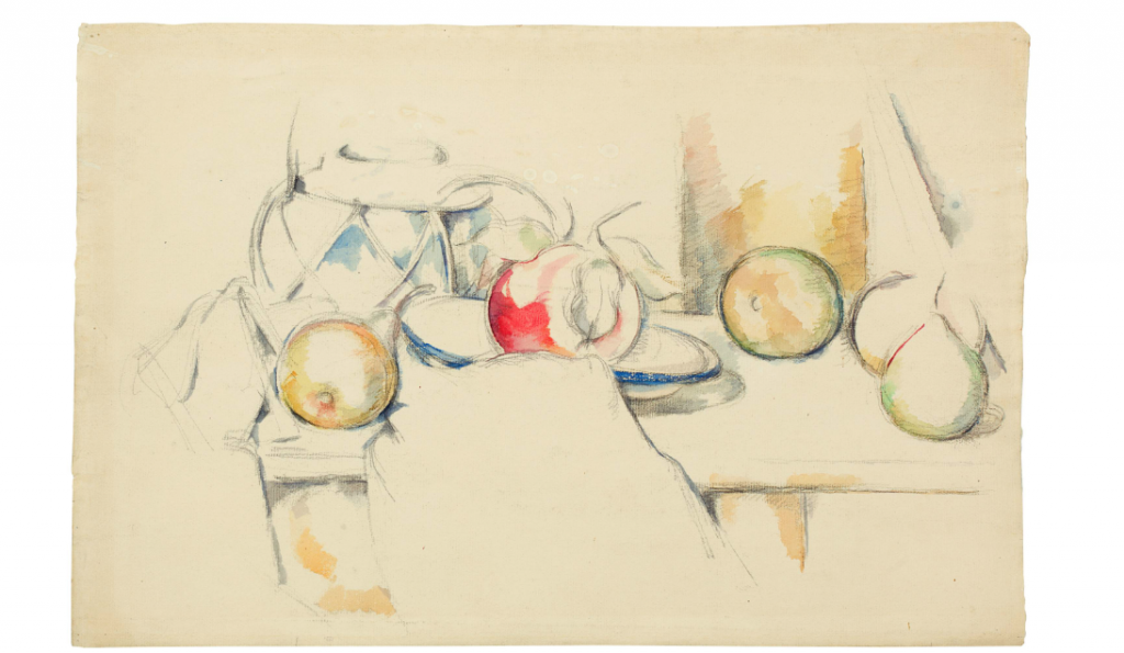 Paul Cézanne, <i>Pot à gingembre avec fruits et nappe</i> (1888-1890). Courtesy of Galerie Kornfeld.