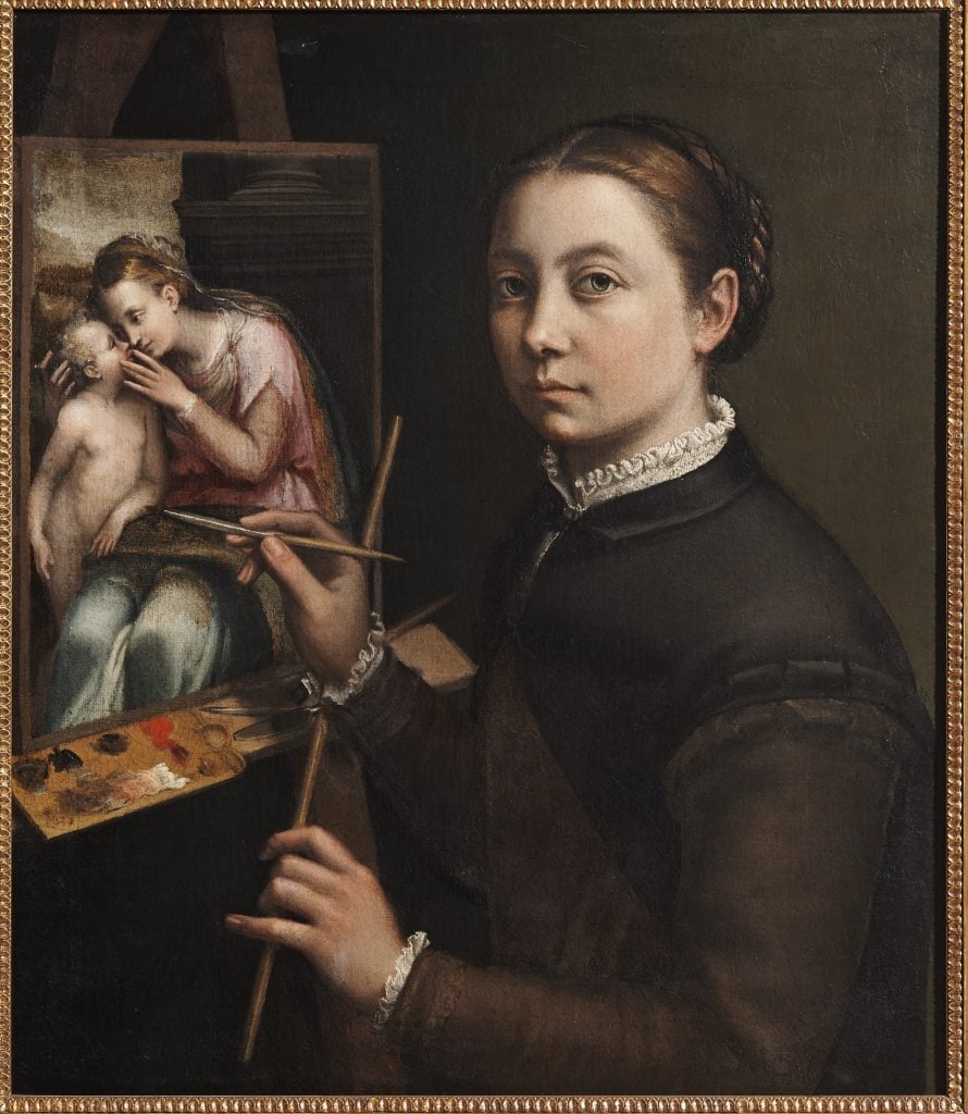 Sofonisba Anguissola Zelfportret aan de schildersezel (ca. 1556-1557. ŁaŃcut Muzeum Zamek w ŁaŃcucie.
