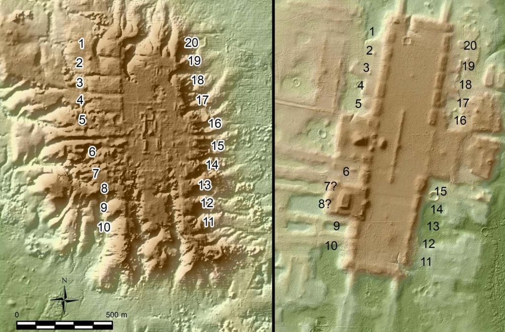 A LiDAR image of the sites of San Lorenzo (left) and Aguada Fénix (right) with similar long rectangular platforms surrounded by 20 smaller platforms. Image courtesy of Juan Carlos Fernandez-Diaz and Takeshi Inomata.