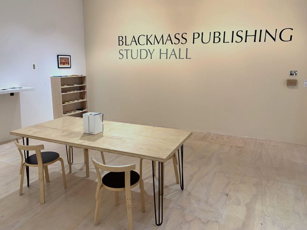 Installation view of gallery devoted to Blackmass Publishing in "Greater New York." Photo by Ben Davis.