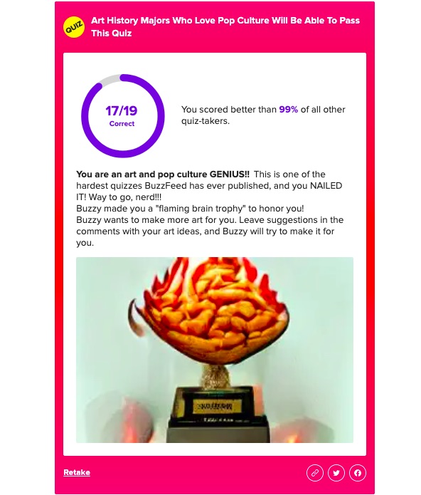 Screenshot of genius-level results for Buzzfeed's AI Art quiz. Take that Buzzy!